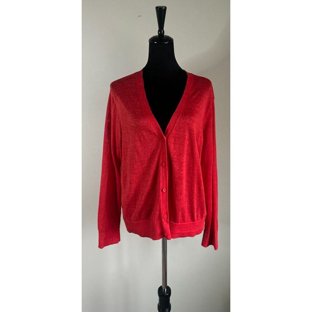 RALPH LAUREN Red Eyelet Back Long Sleeve Linen Cardigan Size XL